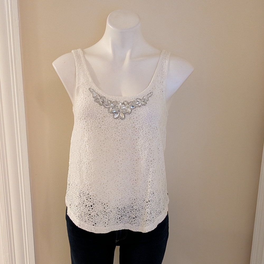 Abercrombie white lace tank top with jeweled neckline XS